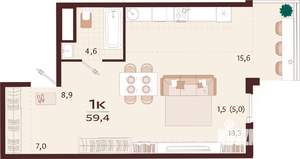 1-к квартира, вторичка, 59м2, 4/7 этаж