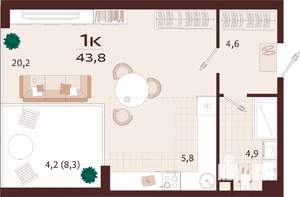 1-к квартира, вторичка, 44м2, 6/9 этаж