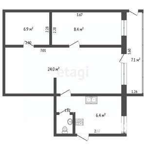 2-к квартира, вторичка, 54м2, 1/2 этаж