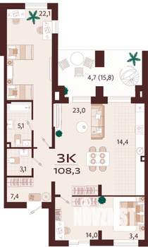 3-к квартира, строящийся дом, 108м2, 1/8 этаж