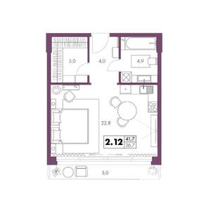 1-к квартира, строящийся дом, 42м2, 2/6 этаж