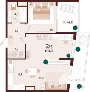 2-к квартира, строящийся дом, 68м2, 2/7 этаж