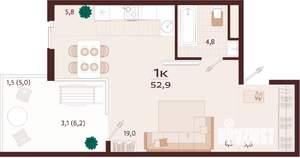 1-к квартира, строящийся дом, 53м2, 2/7 этаж