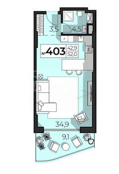 Студия квартира, вторичка, 52м2, 4/6 этаж