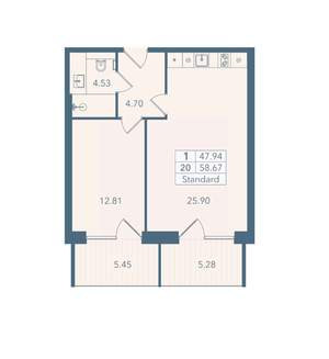 1-к квартира, вторичка, 59м2, 3/8 этаж