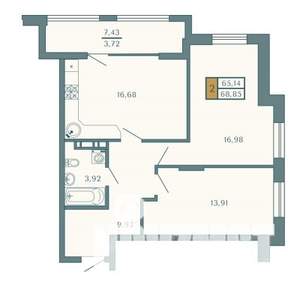 2-к квартира, строящийся дом, 69м2, 4/9 этаж