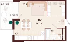 1-к квартира, строящийся дом, 48м2, 7/7 этаж
