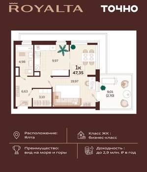 1-к квартира, вторичка, 49м2, 3/2 этаж