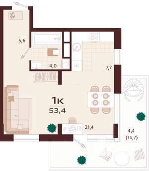 1-к квартира, строящийся дом, 53м2, 6/8 этаж