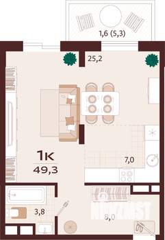 1-к квартира, строящийся дом, 49м2, 9/9 этаж
