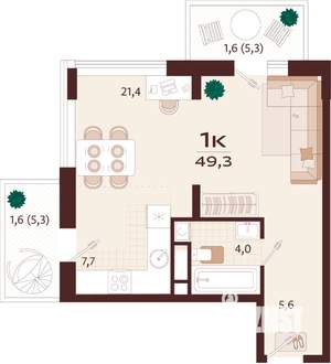 1-к квартира, строящийся дом, 49м2, 5/9 этаж