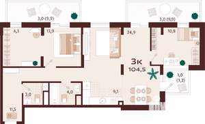 3-к квартира, строящийся дом, 104м2, 2/8 этаж