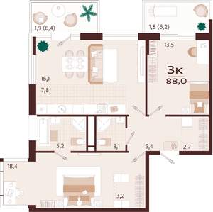 3-к квартира, строящийся дом, 79м2, 4/9 этаж