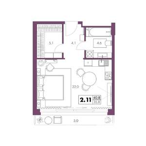 1-к квартира, вторичка, 41м2, 2/6 этаж