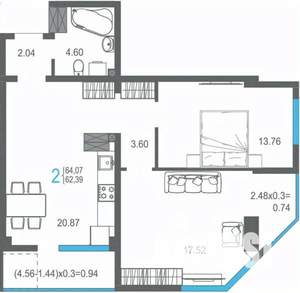 2-к квартира, вторичка, 64м2, 14/17 этаж