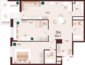 3-к квартира, строящийся дом, 97м2, 3/7 этаж