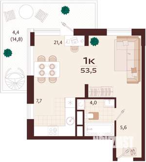 1-к квартира, строящийся дом, 53м2, 4/9 этаж