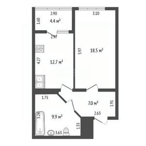 1-к квартира, вторичка, 52м2, 4/16 этаж