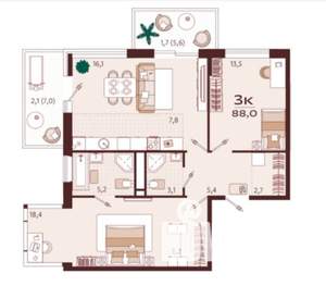 3-к квартира, вторичка, 88м2, 4/9 этаж