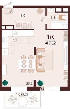 1-к квартира, вторичка, 49м2, 3/9 этаж