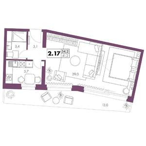 1-к квартира, строящийся дом, 54м2, 2/6 этаж
