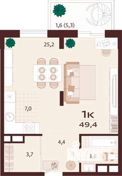 1-к квартира, строящийся дом, 49м2, 5/9 этаж