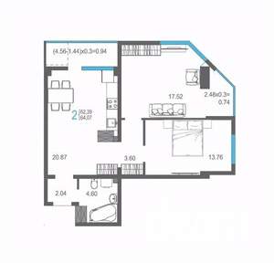 2-к квартира, вторичка, 64м2, 12/17 этаж