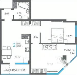 2-к квартира, строящийся дом, 64м2, 12/17 этаж
