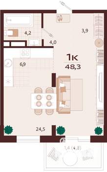 1-к квартира, строящийся дом, 48м2, 2/8 этаж
