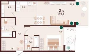 2-к квартира, строящийся дом, 83м2, 3/7 этаж