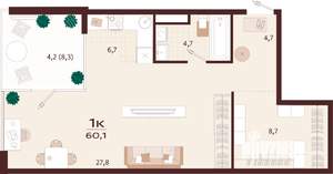 1-к квартира, вторичка, 60м2, 9/9 этаж