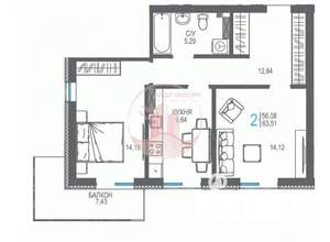 2-к квартира, вторичка, 64м2, 7/16 этаж