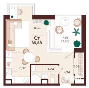 1-к квартира, строящийся дом, 39м2, 3/9 этаж