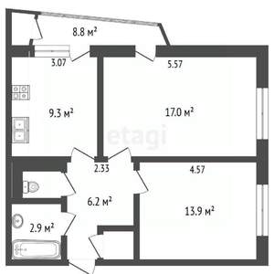 2-к квартира, вторичка, 58м2, 1/9 этаж