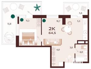 2-к квартира, вторичка, 65м2, 9/9 этаж