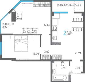 2-к квартира, строящийся дом, 65м2, 2/17 этаж