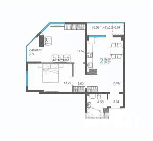 2-к квартира, строящийся дом, 64м2, 13/17 этаж