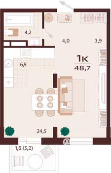 1-к квартира, вторичка, 49м2, 7/9 этаж