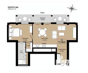 2-к квартира, вторичка, 74м2, 6/8 этаж