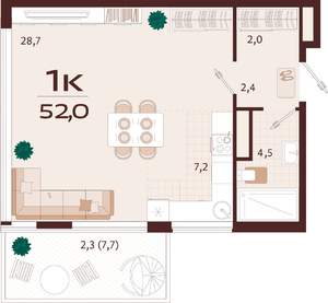 1-к квартира, строящийся дом, 53м2, 5/7 этаж