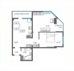 2-к квартира, строящийся дом, 64м2, 15/17 этаж
