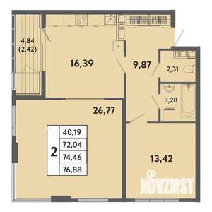 2-к квартира, вторичка, 74м2, 3/20 этаж