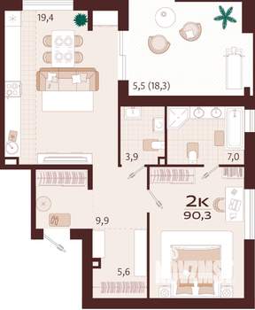 2-к квартира, строящийся дом, 90м2, 1/9 этаж
