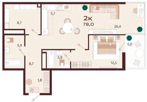 2-к квартира, вторичка, 78м2, 9/9 этаж