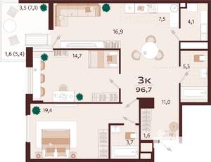 3-к квартира, строящийся дом, 97м2, 3/7 этаж