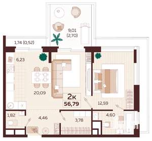 2-к квартира, строящийся дом, 57м2, 3/6 этаж