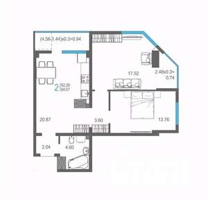 2-к квартира, строящийся дом, 64м2, 13/17 этаж