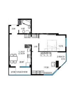 2-к квартира, вторичка, 67м2, 12/15 этаж