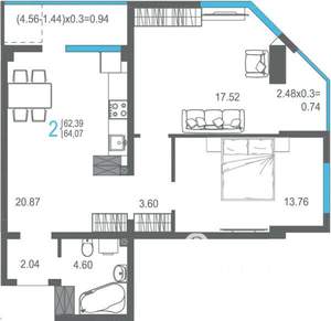 2-к квартира, строящийся дом, 64м2, 12/17 этаж