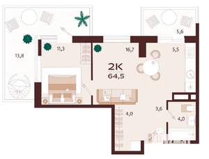 2-к квартира, вторичка, 65м2, 5/9 этаж